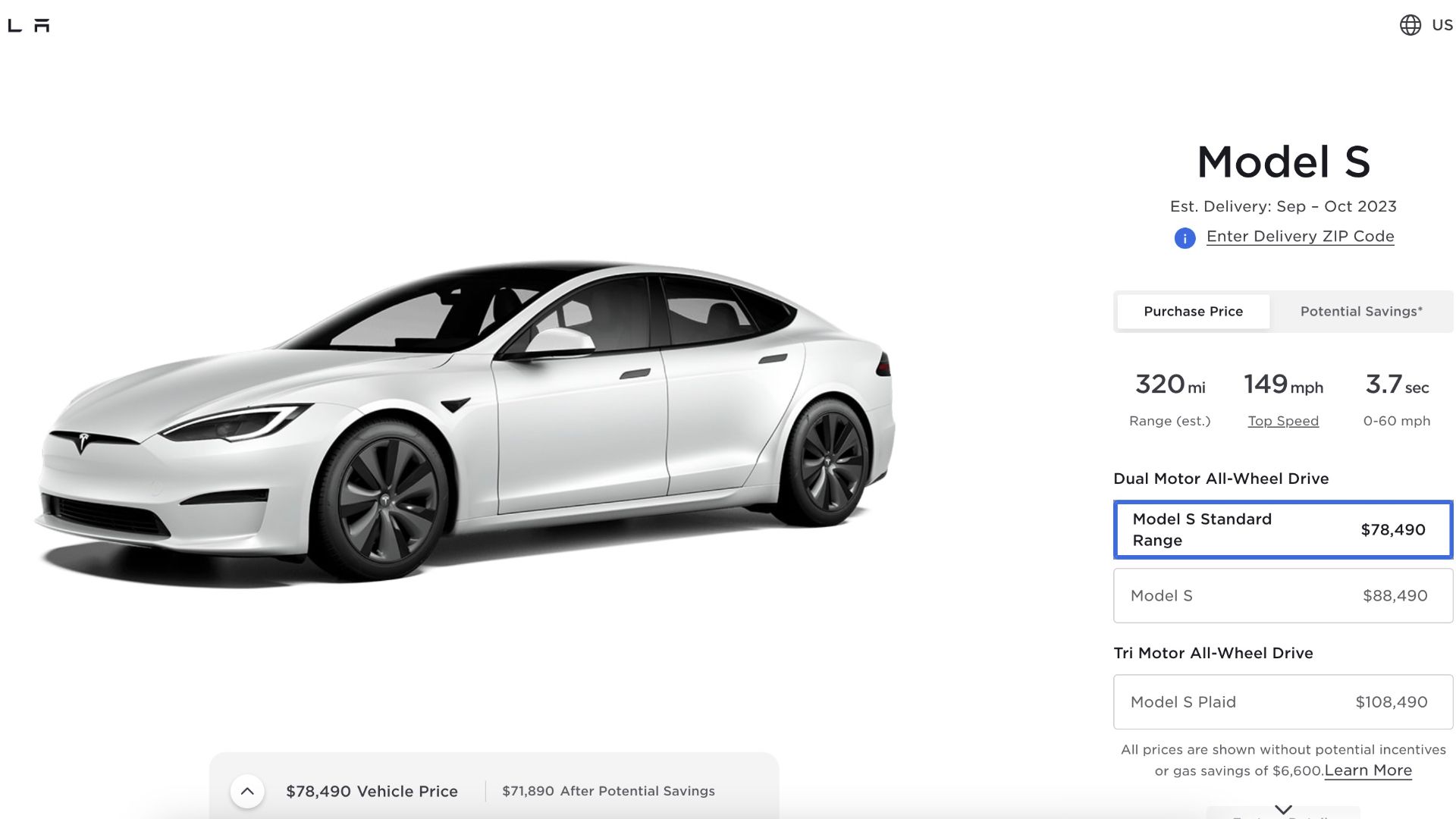 Liste en ligne de la Tesla Model S Standard Range. 