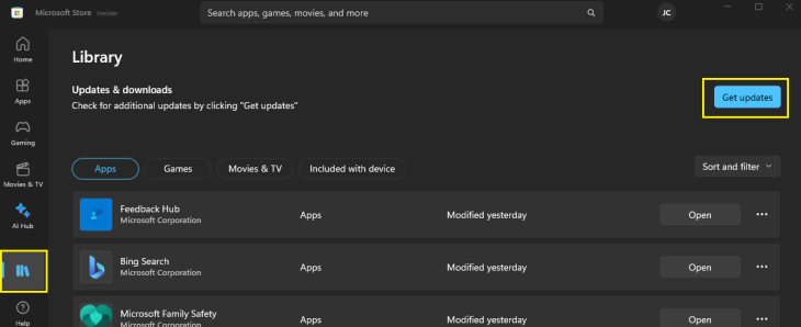 Screenshot of where the Library and Get Updates icons are in the Microsoft Store app