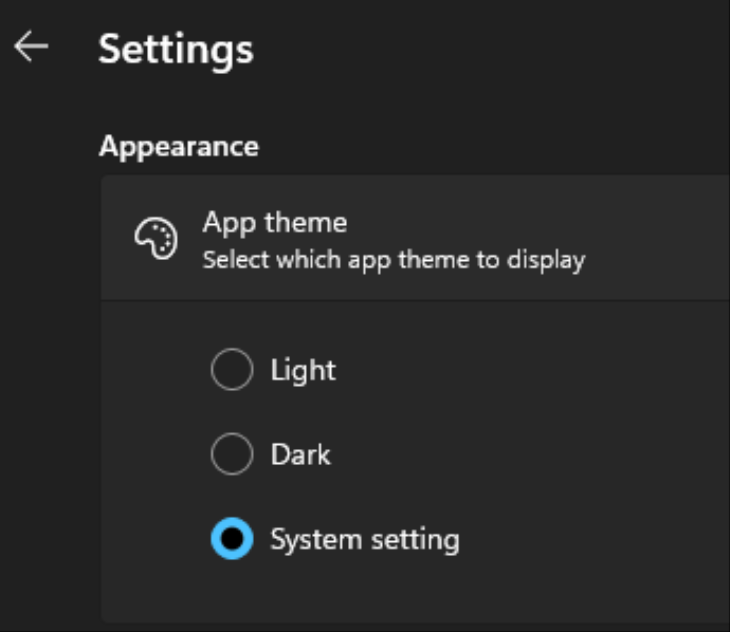 Paint's settings menu with App theme options of Light, Dark, and System setting