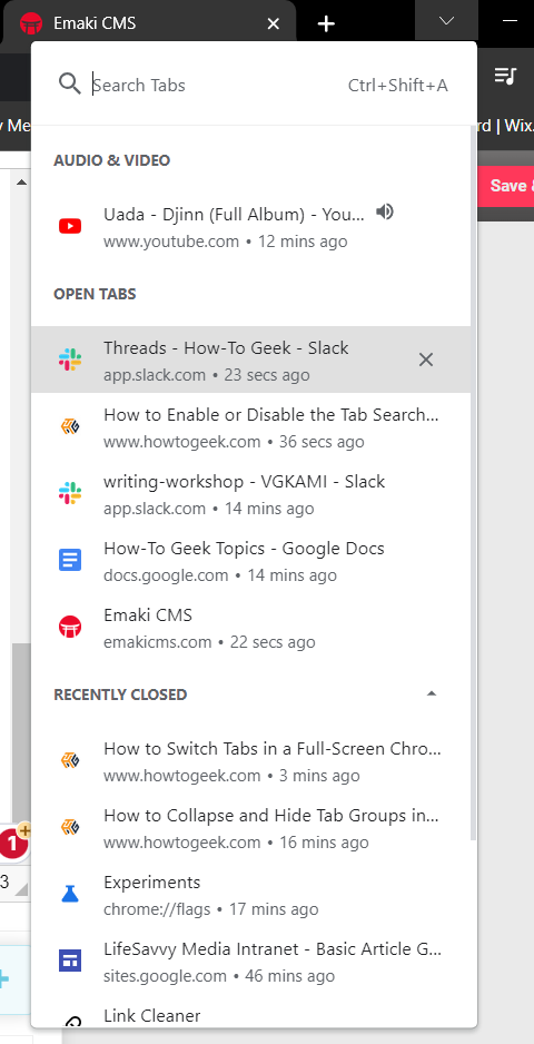 Google Chrome's Tab Search Menu