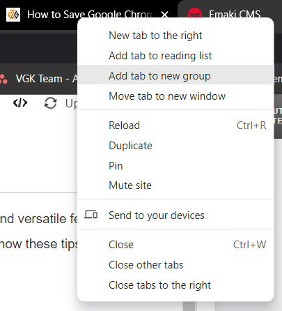 Adding a tab to a new tab group in Google Chrome.