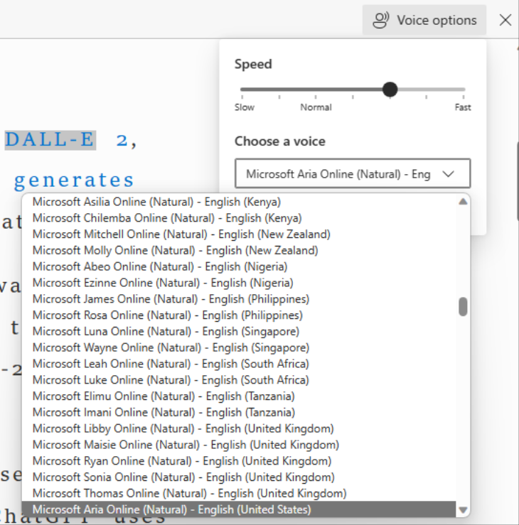 Screenshot of voice language options in the dropdown menu