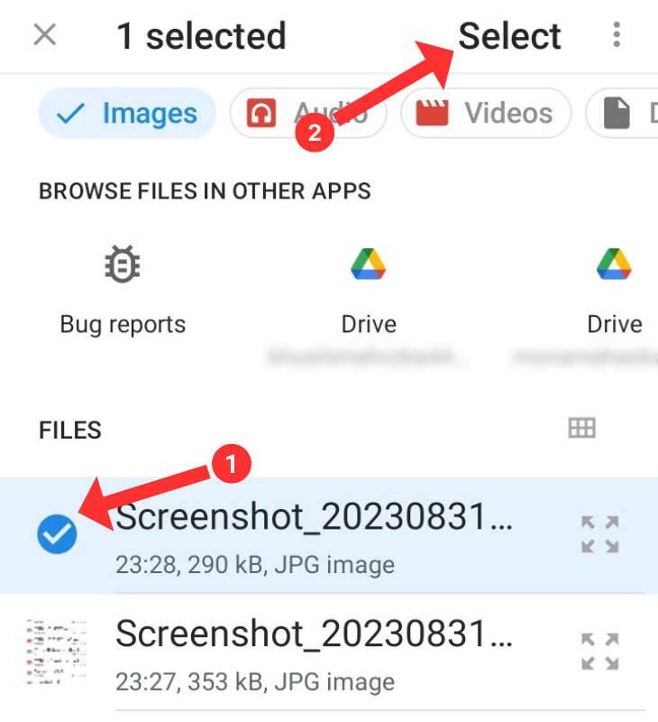 My Files app highlighting one selected file and the Select button