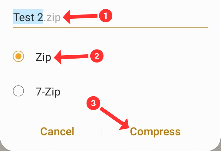 Creation of a ZIP file in the My Files app with arrows next to required steps
