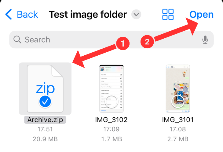 Files app with an arrow highlighting the required folder and the Open button