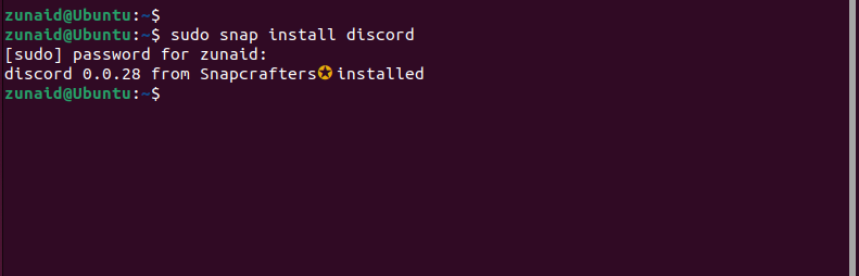 using snap command to install discord