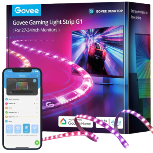 Govee Gaming Light Strip G1 box, light strip, and smartphone
