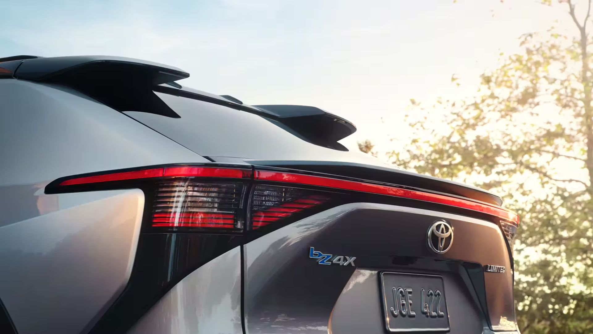 Toyota bZ4X electric car branding and rear end.