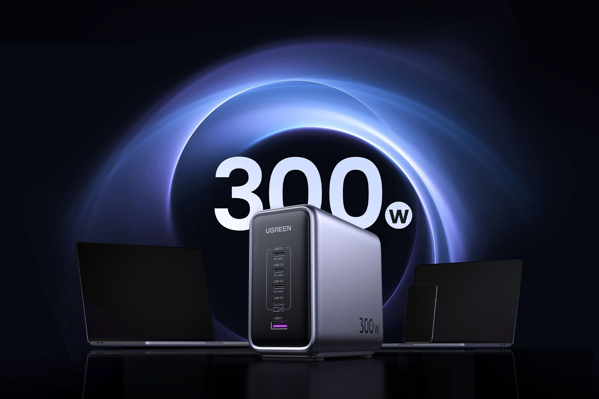 UGREEN Nexode 300W GaN product with blue background