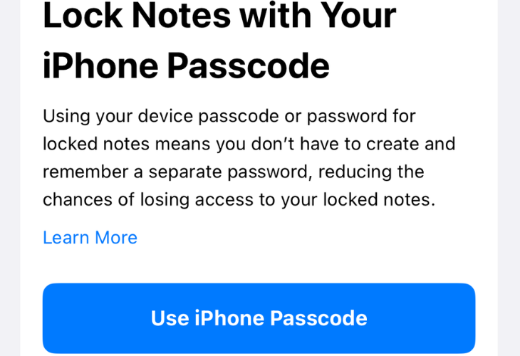 Use iPhone Passcode option in Notes' settings
