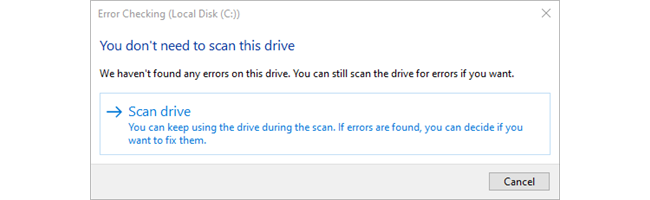 A message from Windows stating that the drive does not need to be scanned. 