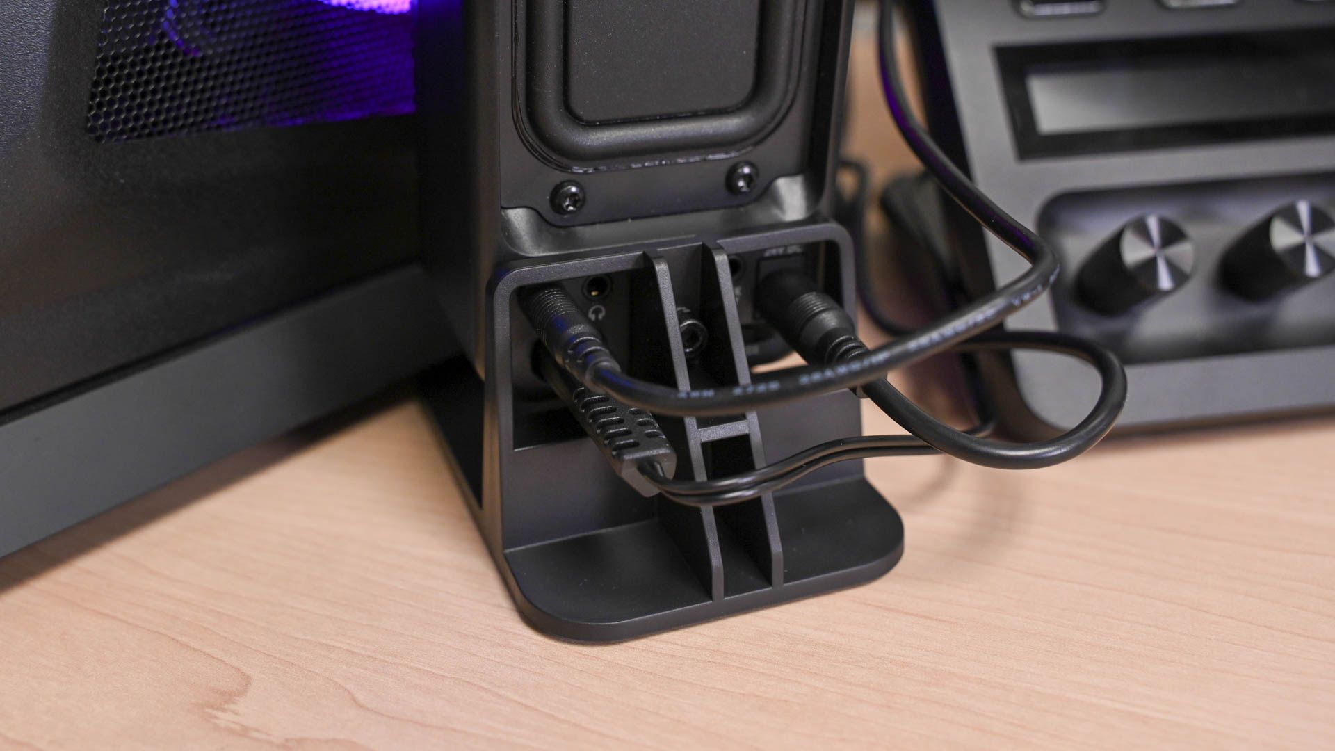 Wires plugged into the right Drop BMR1 Nearfield Monitor speaker
