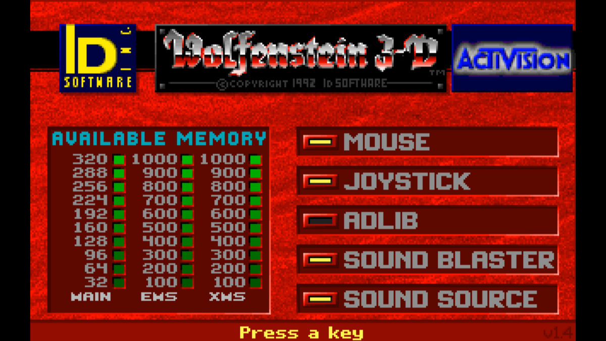 The Wolfenstein 3D hardware test screen showing available EMS and XMS memory