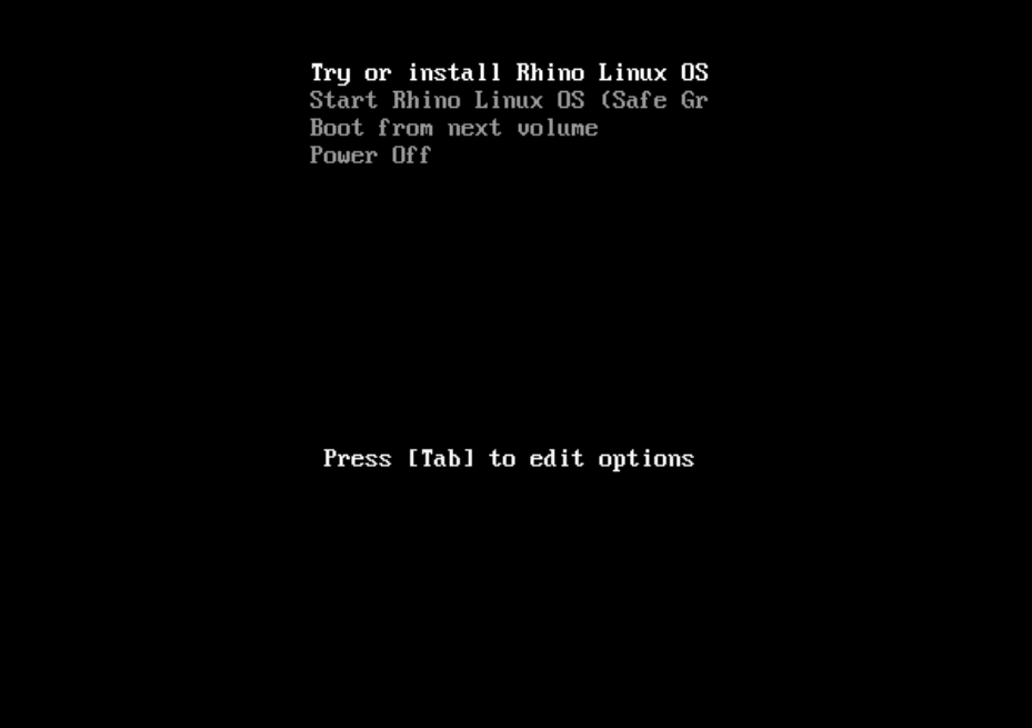 a black screen containing a few options about booting and installing Rhino linux