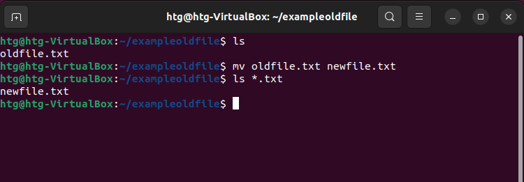 Renaming oldfile.txt to newfile.txt with mv. 