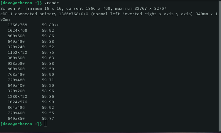 The default output from the Linux xrandr command