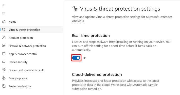 Toggle off &ldquo;Real-Time Protection.&quot;
