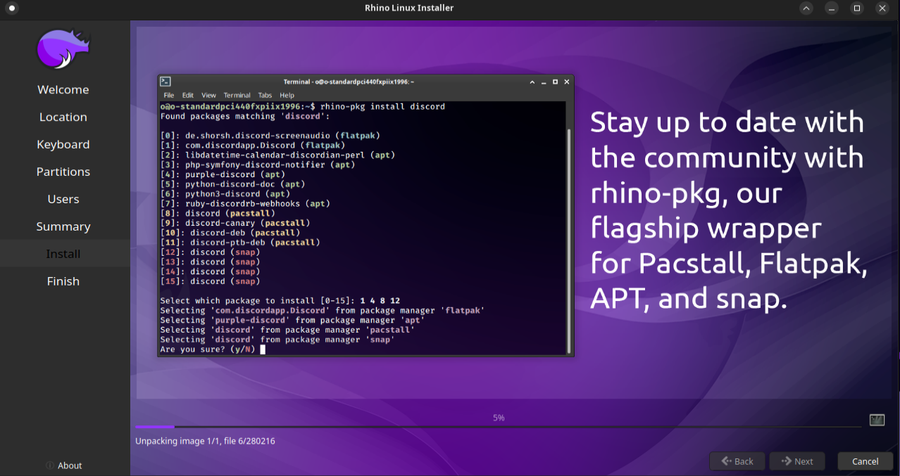 the screen display that rhino linux is being installed