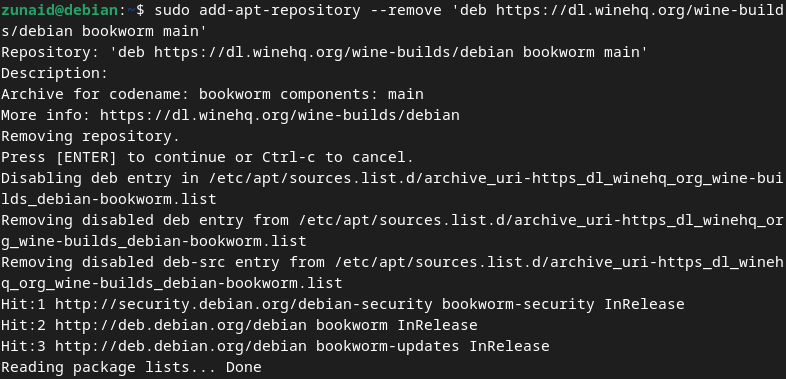 the command removed our added repository