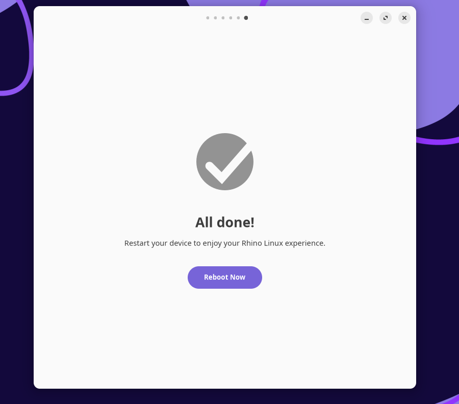 tap the reboot now button to reboot rhino linux