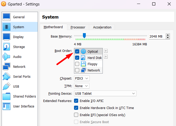 Select optical as first drive to boot GParted