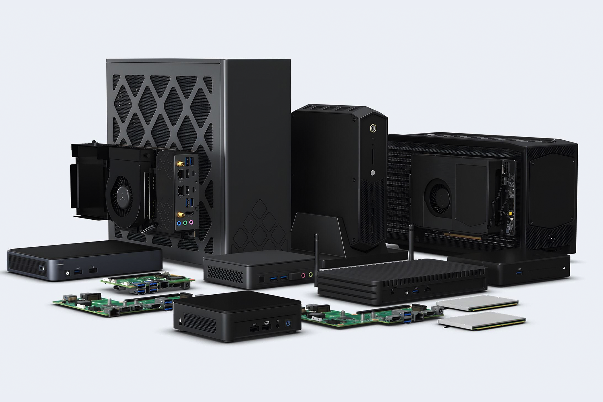 A lineup of 13th generation Intel NUC PCs, which are now sold and supported by ASUS.