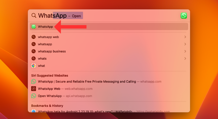 Spotlight Search results with an arrow next to the right app