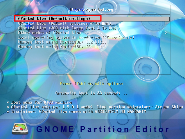 Boot GParted with default settings