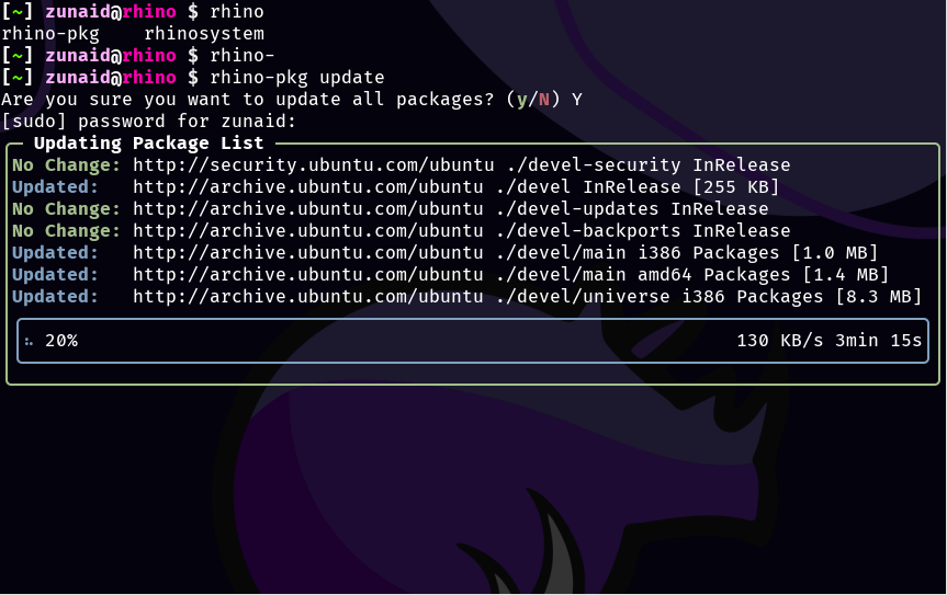 run rhino-pkg update to update your system