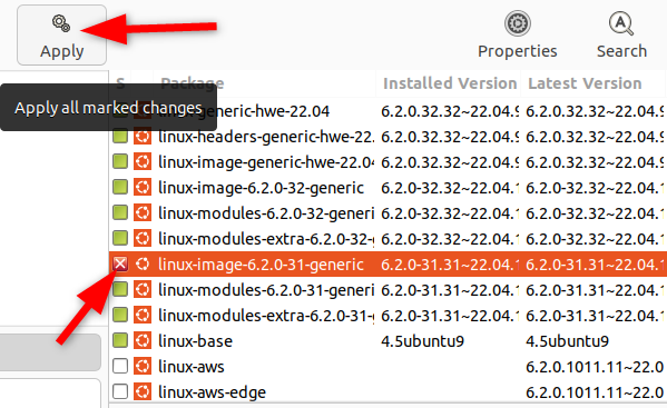 deleting selected kernel by clicking the apply button