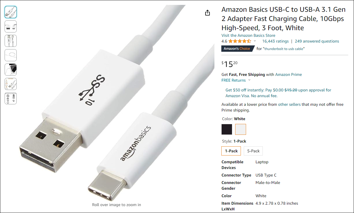Amazon USB-A to USB-C cable listing.