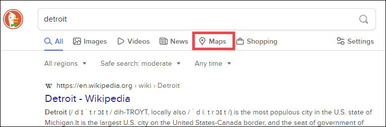 Access DuckDuckGo Maps from Search