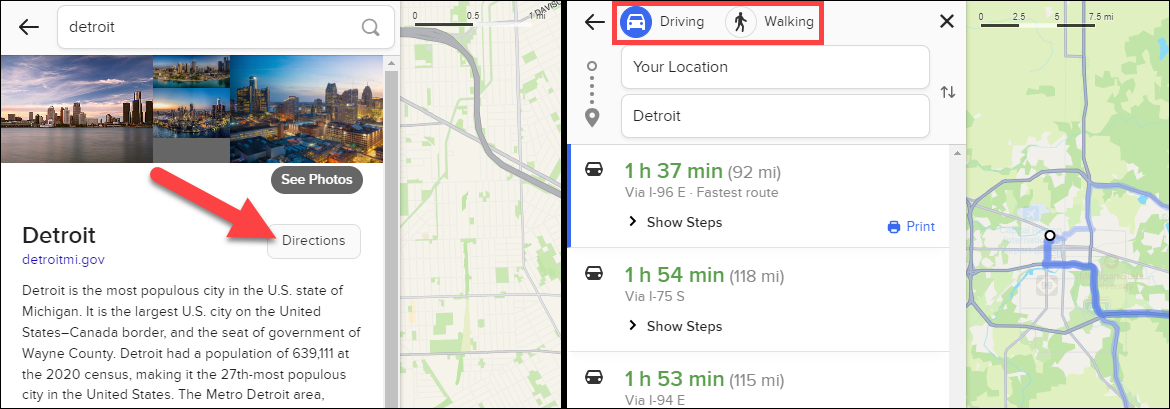 Directions in Apple Maps on DuckDuckGo.