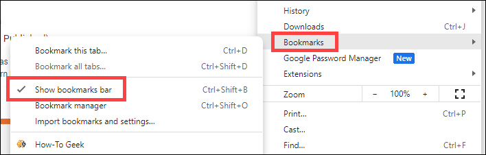 Hide bookmarks bar from Chrome menu.