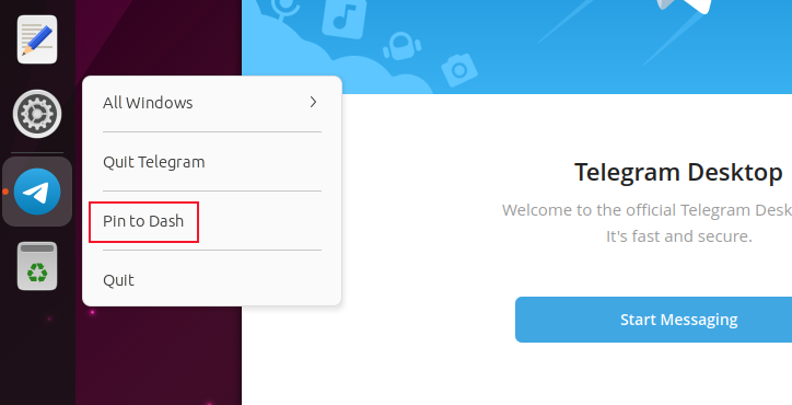 Adding the Telegram desktop client to the GNOME dash dock on Ubuntu Linux