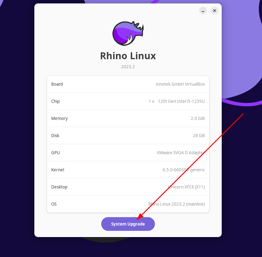 upgrade rhino linux by pressing the purple system upgrade button