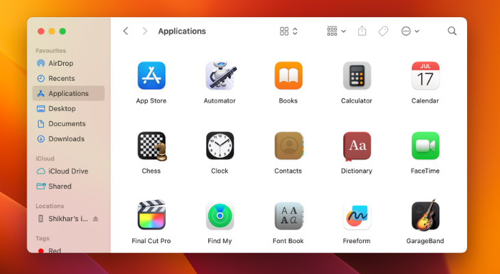 Applications app on macOS with pre-installed apps