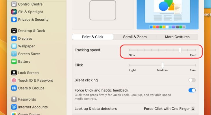 Tracking speed slider in Trackpad settings menu