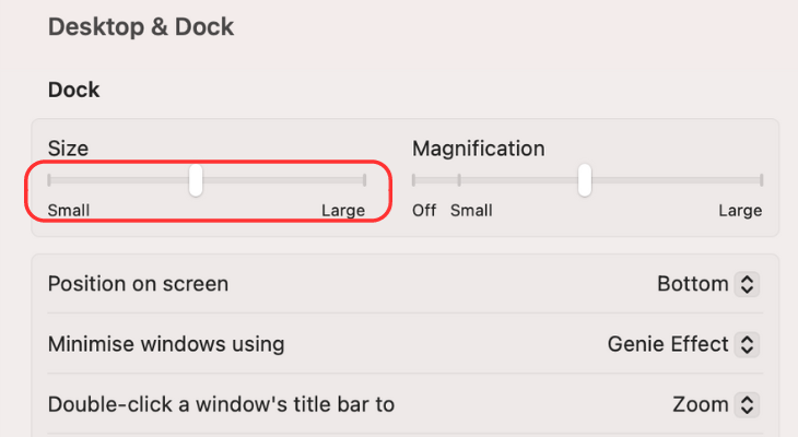 Desktop &amp; Dock menu on MacBook highlighting the Size slider