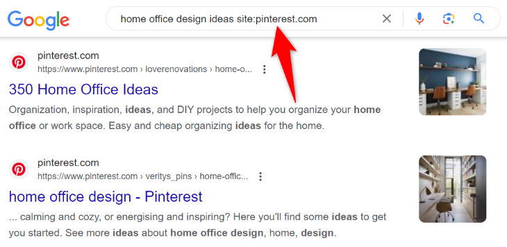 Search Pinterest using Google.