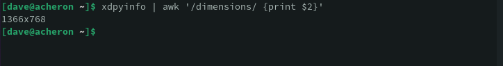 Piping xdpyinfo through awk to isolate the current screen resolution