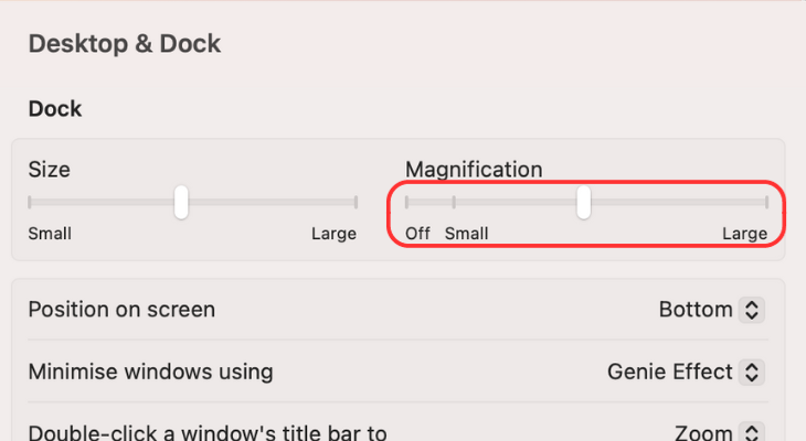 MacBook&rsquo;s Desktop &amp; Dock menu highlighting the Magnification slider