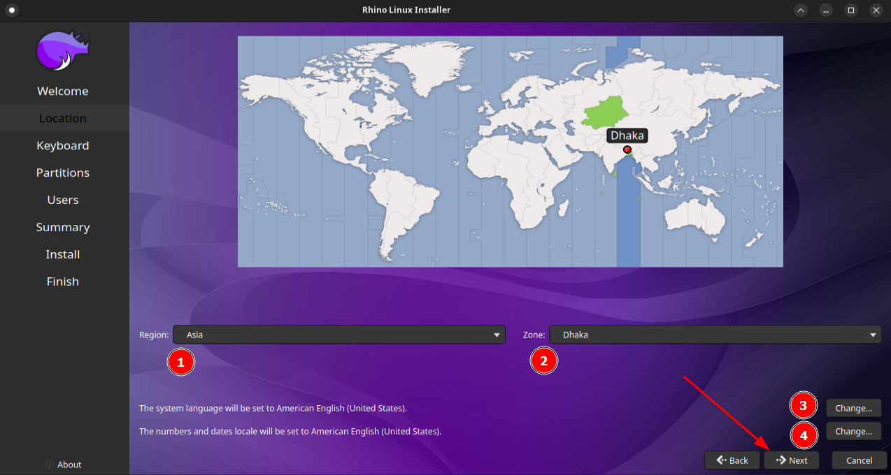 pick your location and language then press Next