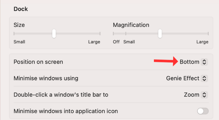 Desktop &amp; Dock menu on MacBook highlighting the Position on screen menu