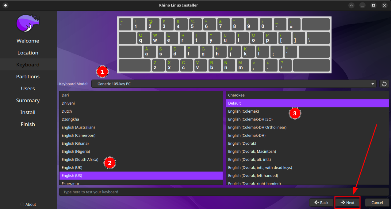 select keybord model, language, and layout and press next