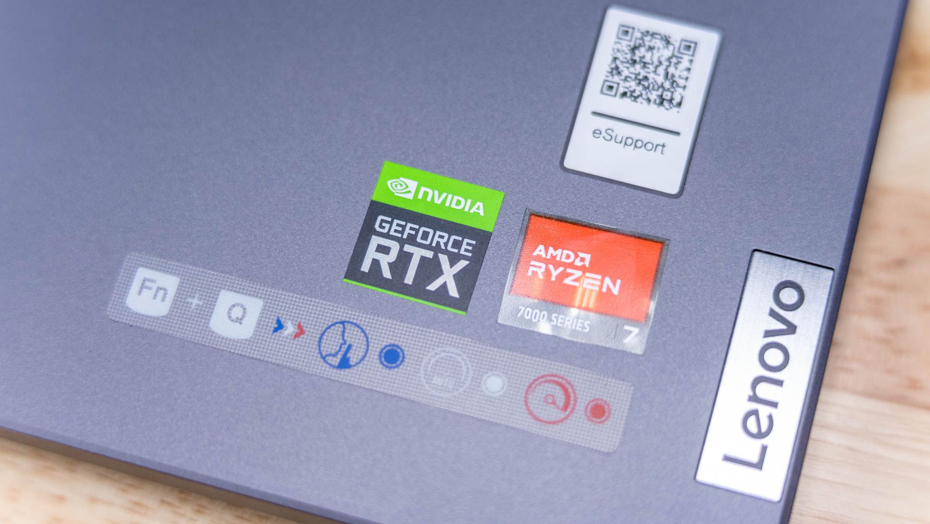 NVIDIA Geforce RTX and AMD Ryzen stickers on the Lenovo Legion Slim 5.