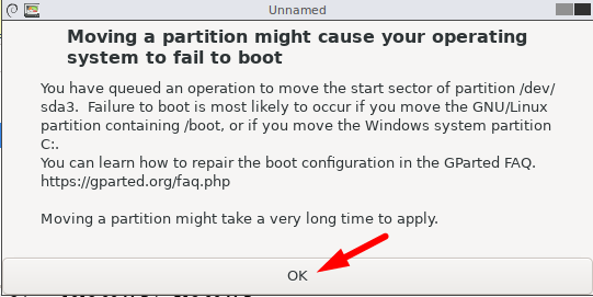 Warning Message asking for final permission to resize partition