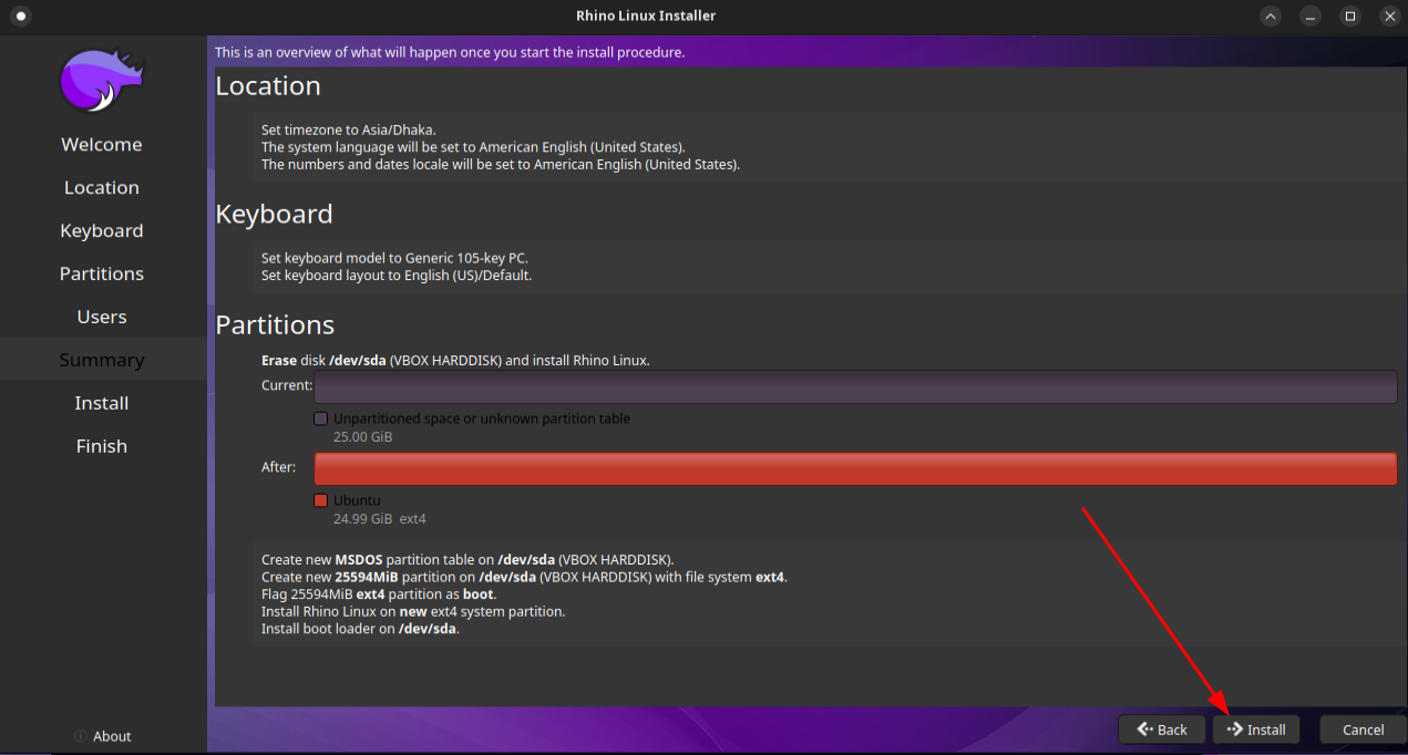 a screen displaying the summary of your rhino linux installation