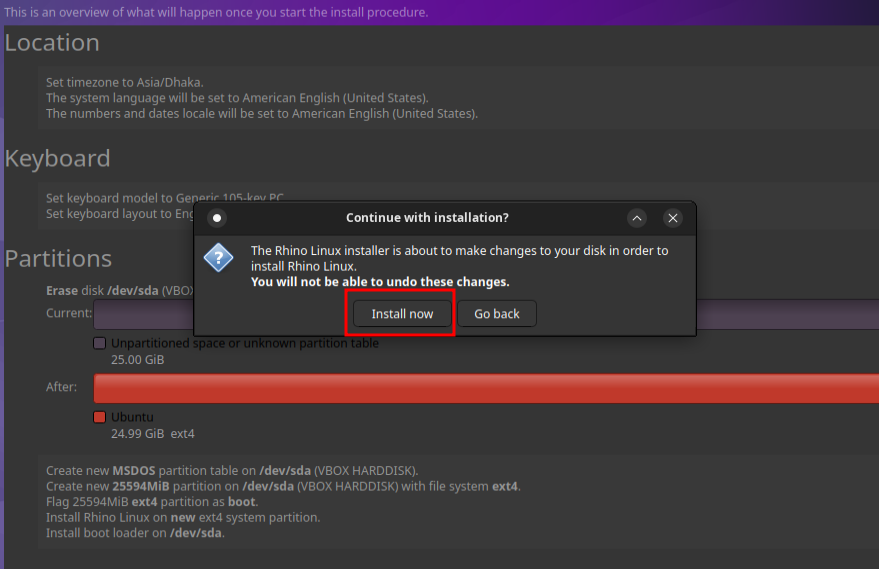 press install now to start installing rhino linux