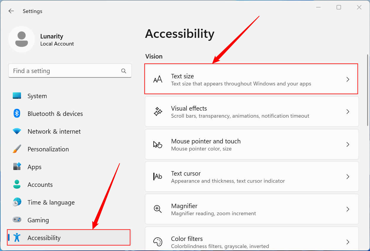 Open the "Accessibility" tab, then click "Text Size."